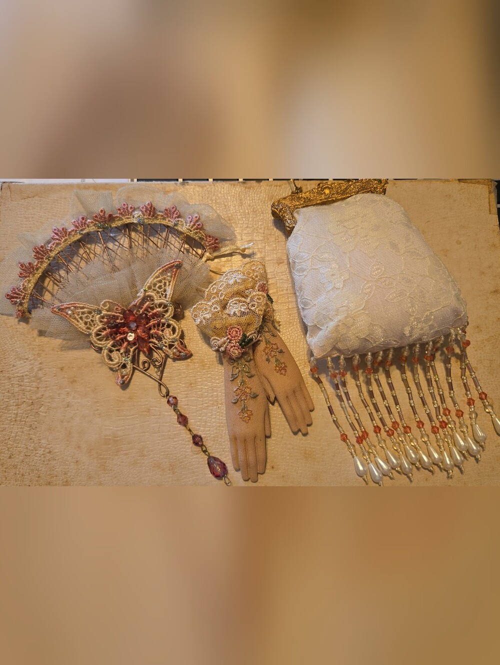Vintage Victorian Christmas Ornament Set of 3 - Purse Glove & Fan Lace